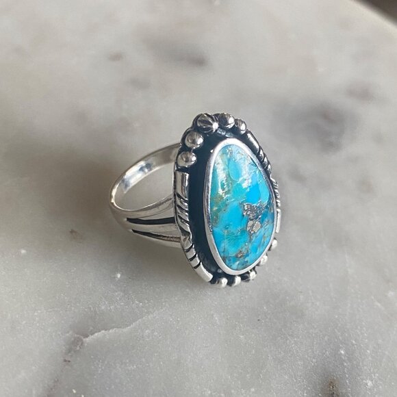 NEW Mojave Turquoise and Beaded Border Sterling Silver Ring Size 7 - Picture 2 of 4